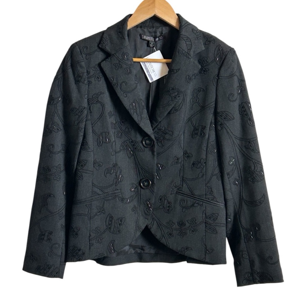 Lafayette 148 NWT $898 Hand Beaded Embroidered Floral Blazer Black Wool  Sz 6